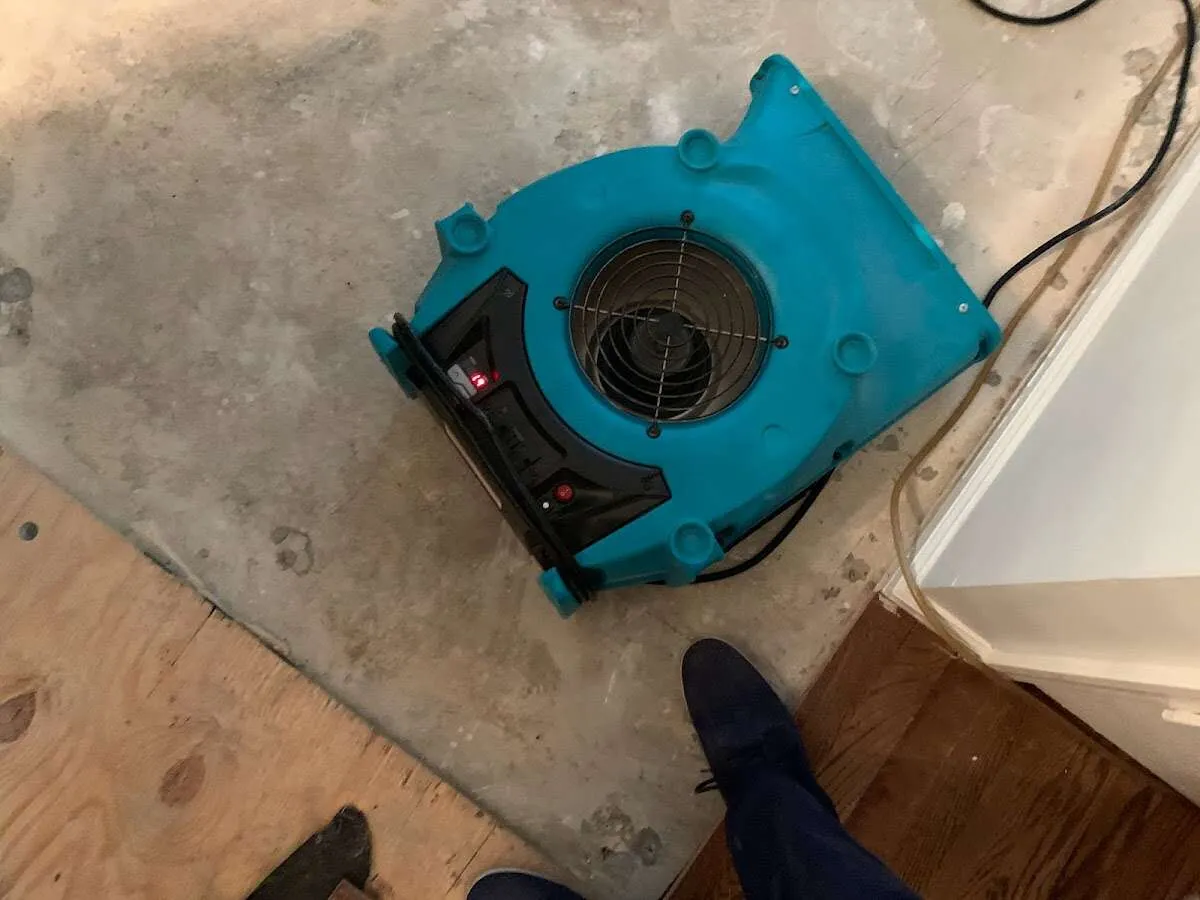 Air mover drying subfloor during Leak Detection & Repair in Fairfield